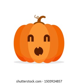 Orange Pumpkin Carved phantom/ Jack O Lantern isolated on white background. For decorate greeting card, poster, banner in halloween festival in october. flat design vector illustration. Funny icon