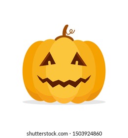 Orange Pumpkin Carved phantom/ Jack O Lantern isolated on white background. For decorate greeting card, poster, banner in halloween festival in october. flat design vector illustration. Funny icon