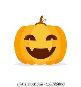 Orange Pumpkin Carved phantom/ Jack O Lantern isolated on white background. For decorate greeting card, poster, banner in halloween festival in october. flat design vector illustration. Funny icon