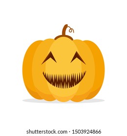 Orange Pumpkin Carved phantom/ Jack O Lantern isolated on white background. For decorate greeting card, poster, banner in halloween festival in october. flat design vector illustration. Funny icon