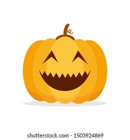 Orange Pumpkin Carved phantom/ Jack O Lantern isolated on white background. For decorate greeting card, poster, banner in halloween festival in october. flat design vector illustration. Funny icon