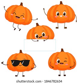 Orange pumpkin character with funny face. Happy cute cartoon pumpkin emoji set. Healthy vegetarian food character vector illustration