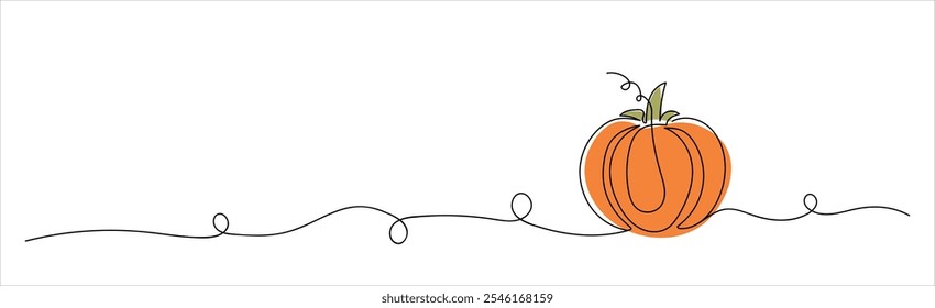 Calabaza naranja en estilo de dibujo continuo de una línea con línea extendida y Elementos rizados aislados sobre fondo blanco. Concepto de otoño, Halloween, Acción de Gracias, Line Art, diseño festivo. Copiar espacio