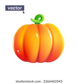 Orange pumpkin with curved petiole, juicy vector emoji illustration. Pure vegetable logo for vegans. Realistic 3D render design element in shiny cartoon style. Vivid icon on white background.