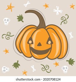 Orange pumpkin in doodle style.  Design for the holiday Halloween. Vector decoration . 