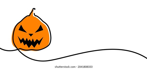 Orange pumpkin drawn by single line. Halloween spooky face. Vector illustration.
