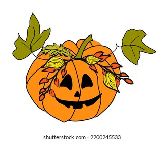 Orange pumpkin with fall foliage. Vector illustration isolated on white background