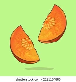 Orange pumpkin free vector with green background for vegetable and fruits illustration book, seasoning food design, and icon for tamplate food menu