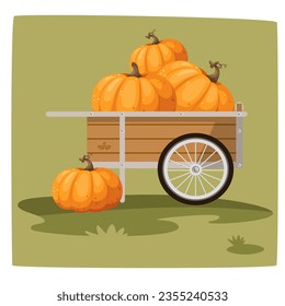 Orange pumpkin in a garden wheelbarrow, vector illustration in a cartoon, flat style. Autumn harvest. Halloween pumpkin. Thanksgiving pumpkin.