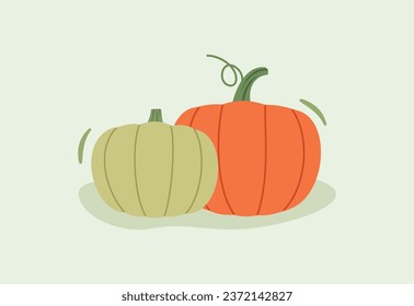 calabaza anaranjada y decoración de calabaza verde, calabazas simples fruta de la fruta de diseño plano