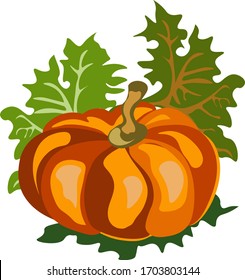 Orange pumpkin with green leaves, vector illustration, simplified shape.