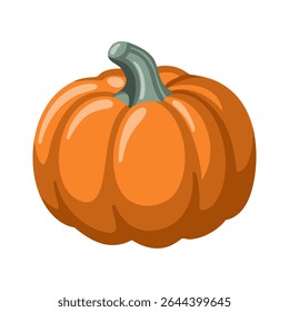Orange pumpkin with green stem. Cozy autumn element for Fall, Thanksgiving and Halloween designs. Cartoon vector art