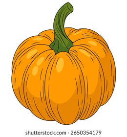 Orange pumpkin with green stem. Cozy autumn element for Fall, Thanksgiving and Halloween designs. Cartoon vector art