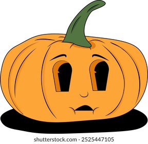 Calabaza naranja con tallo verde y cara triste. Adecuado para decoraciones de Halloween, diseños temáticos de otoño, tarjetas de felicitación o publicaciones en redes sociales.