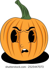 Orange pumpkin with green stem and surprised face. Halloween decorations, autumn festival posters, seasonal social media posts, fall themed designs.