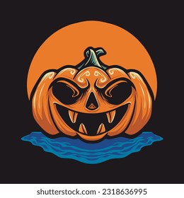 Orange Pumpkin Halloween and Blue water vector illustration