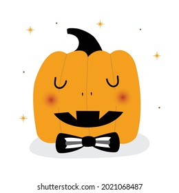 Orange pumpkin for halloween, cute and childish, decorated with a butterfly. Eyes closed, smiling. Illustration in a flat style on a white background with dots and stars. Ruddy cheeks, tender