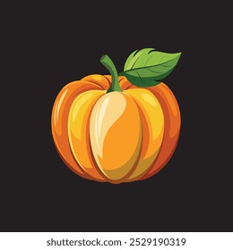 Orange pumpkin, halloween design, fall or autumn pumpkin illustration with green vine leaves and orange gourd. October harvest season vector.