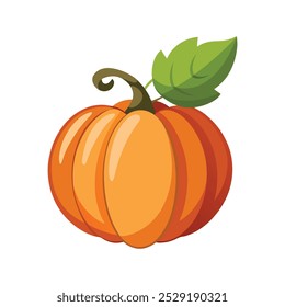 Orange pumpkin, halloween design, fall or autumn pumpkin illustration with green vine leaves and orange gourd. October harvest season vector.