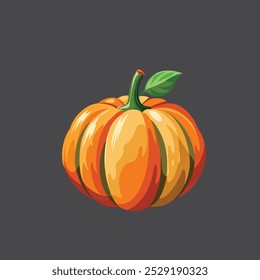 Orange pumpkin, halloween design, fall or autumn pumpkin illustration with green vine leaves and orange gourd. October harvest season vector.