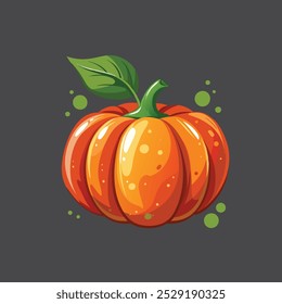 Orange pumpkin, halloween design, fall or autumn pumpkin illustration with green vine leaves and orange gourd. October harvest season vector.