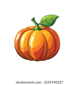 Orange pumpkin, halloween design, fall or autumn pumpkin illustration with green vine leaves and orange gourd. October harvest season vector.