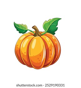 Orange pumpkin, halloween design, fall or autumn pumpkin illustration with green vine leaves and orange gourd. October harvest season vector.