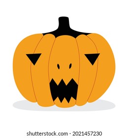 Orange pumpkin for halloween, scary and creepy. Triangular eyes and horror for the harvest festival. Illustration in flat style on white background.