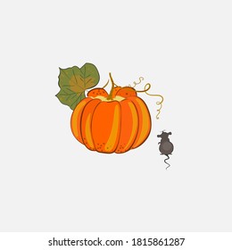 Orange pumpkin in hand drawn style with little mouse. 