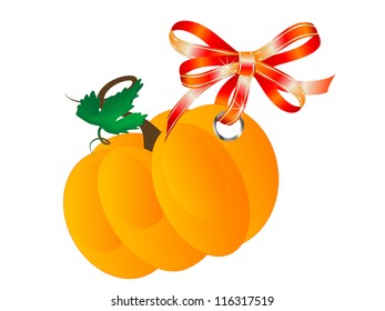 Orange pumpkin hanging on red bow