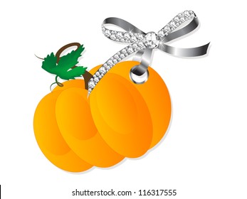 Orange pumpkin hanging on silver bow with diamonds