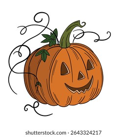 Abóbora laranja com rosto feliz. Ocasiões de Halloween e de Ação de Graças. Decoração do festival de outubro. Desenhado à mão na arte da linha da coleção de elementos