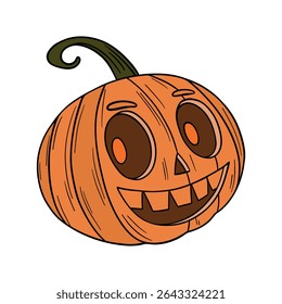 Abóbora laranja com rosto feliz. Ocasiões de Halloween e de Ação de Graças. Decoração do festival de outubro. Desenhado à mão na arte da linha da coleção de elementos