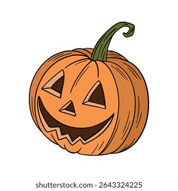 Orange pumpkin with happy face. Halloween and thanksgiving autumn occasions. October festival decoration. Element collection line art hand drawn