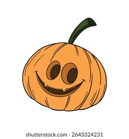 Abóbora laranja com rosto feliz. Ocasiões de Halloween e de Ação de Graças. Decoração do festival de outubro. Desenhado à mão na arte da linha da coleção de elementos