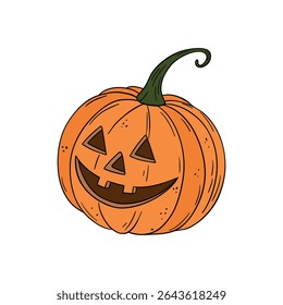 Orange pumpkin with happy face. Halloween and thanksgiving autumn occasions. October festival decoration. Element collection line art hand drawn