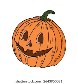 Abóbora laranja com rosto feliz. Ocasiões de Halloween e de Ação de Graças. Decoração do festival de outubro. Desenhado à mão na arte da linha da coleção de elementos