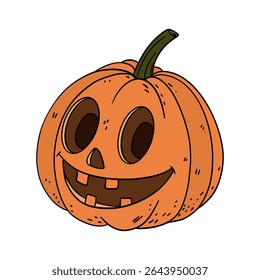 Abóbora laranja com rosto feliz. Ocasiões de Halloween e de Ação de Graças. Decoração do festival de outubro. Desenhado à mão na arte da linha da coleção de elementos