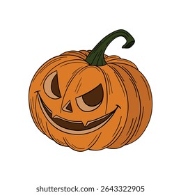 Abóbora de laranja com sinistro feliz. Ocasiões de Halloween e de Ação de Graças. Decoração do festival de outubro. Desenhado à mão na arte da linha da coleção de elementos