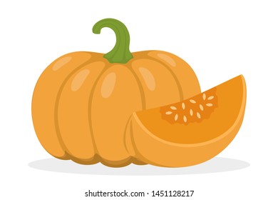 Orange pumpkin. Healthy and fresh organic vegetable. Vegetarian food, raw nutrition. Halloween symbol. Isolated vector illustration in cartoon style