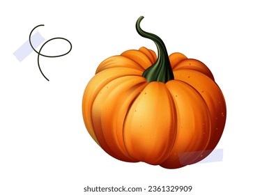 Orange pumpkin, icon 3d. Symbol of Halloween and Thanksgiving. Orange whole fruit, autumn harvest, raw pumpkin. Melon plant, annual vegetable. Vector 3d illustration isolated on white.