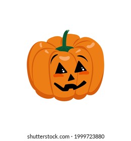 Orange pumpkin icon with face, eyes and emotions. Halloween holiday symbol, carved vegetable lantern. Design elements for festive decoration