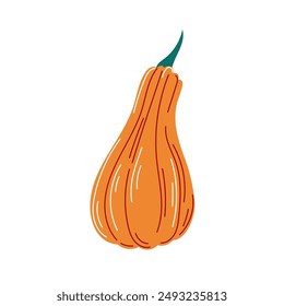 Orangefarbenes Kürbissymbol im flachen Stil. Herbst-Design für Aufkleber, Postkarte. Vektorillustration isoliert auf weißem Hintergrund.