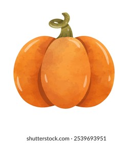 Orange pumpkin illustration in hand drawn watercolor painting style, pumpkin clipart image isolated on white background