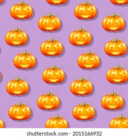 Orange pumpkin lantern with carved smiling face for Halloween on purple background seamless pattern. Vector holiday background with holiday symbols of Halloween pumpkins. Holiday design concept.