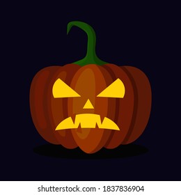 Linterna de calabaza naranja con cara de miedo para Halloween. Decoración festiva. Ilustración vectorial de dibujos animados sobre fondo oscuro