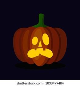 Orange pumpkin lantern with a scary face for Halloween. Festive decoration. Cartoon vector illustration on dark background