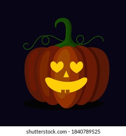Linterna de calabaza naranja con cara de miedo para Halloween. Decoración festiva. Ilustración vectorial de dibujos animados sobre fondo oscuro