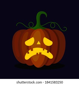 Orange pumpkin lantern with a scary face for Halloween. Festive decoration. Cartoon vector illustration on dark background