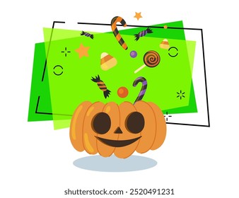 Laranja lanterna abóbora ilustração vetorial com doces e pirulitos no fundo. Celebração de Halloween, festa, conceito de feriado. Pode ser usado para design de banner ou convite